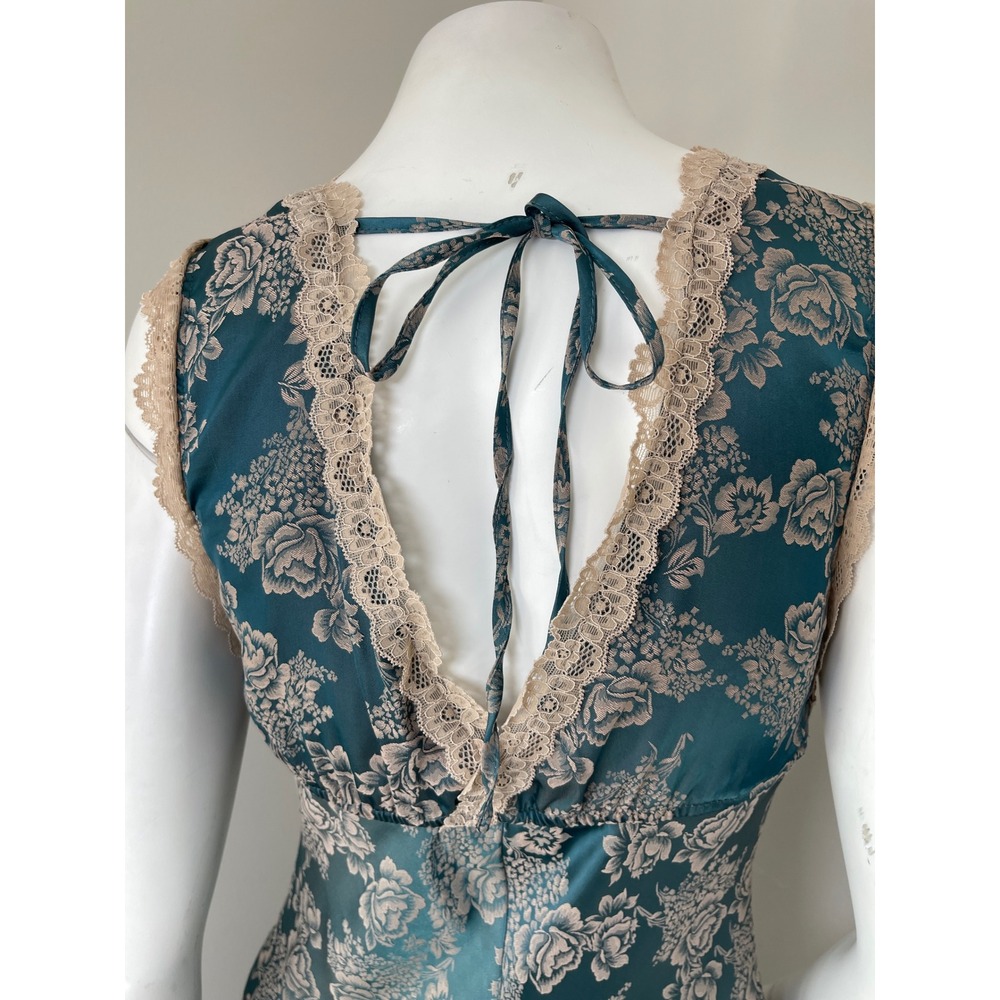 Teal Floral Satin Maxi Slip Dress Lace Trim M Y2K Whimsigoth Fairycore Ethereal - Picture 6 of 10